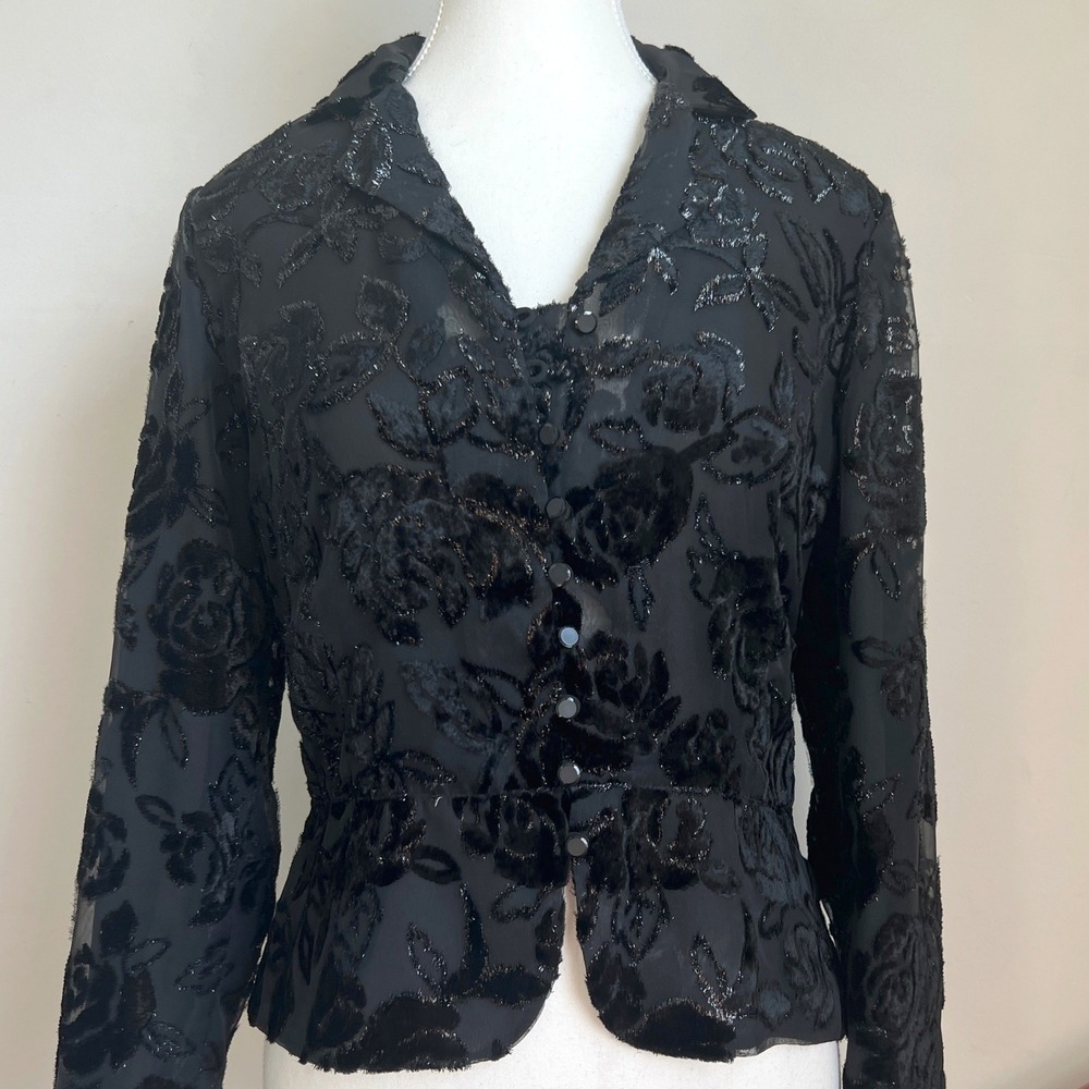 Talbots Black Velvet Floral Devore Metallic Sheer Peplum Goth Button Front Top 4